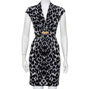 Roberto Cavalli- Blue and Black Leopard Print Sleeveless VNeck Midi Shift Dress